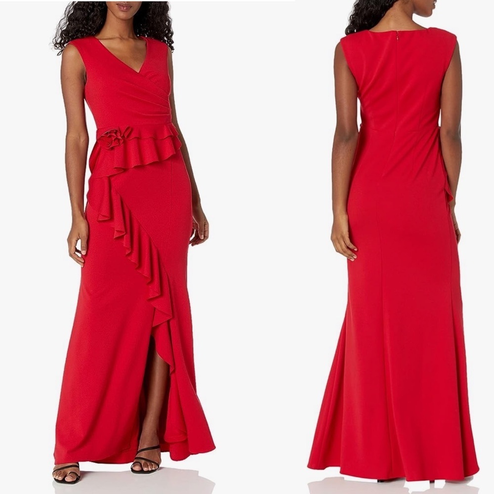 Adrianna Papell Long Draped Crepe Dress Ballgown Maxi Red Wedding Formal 14